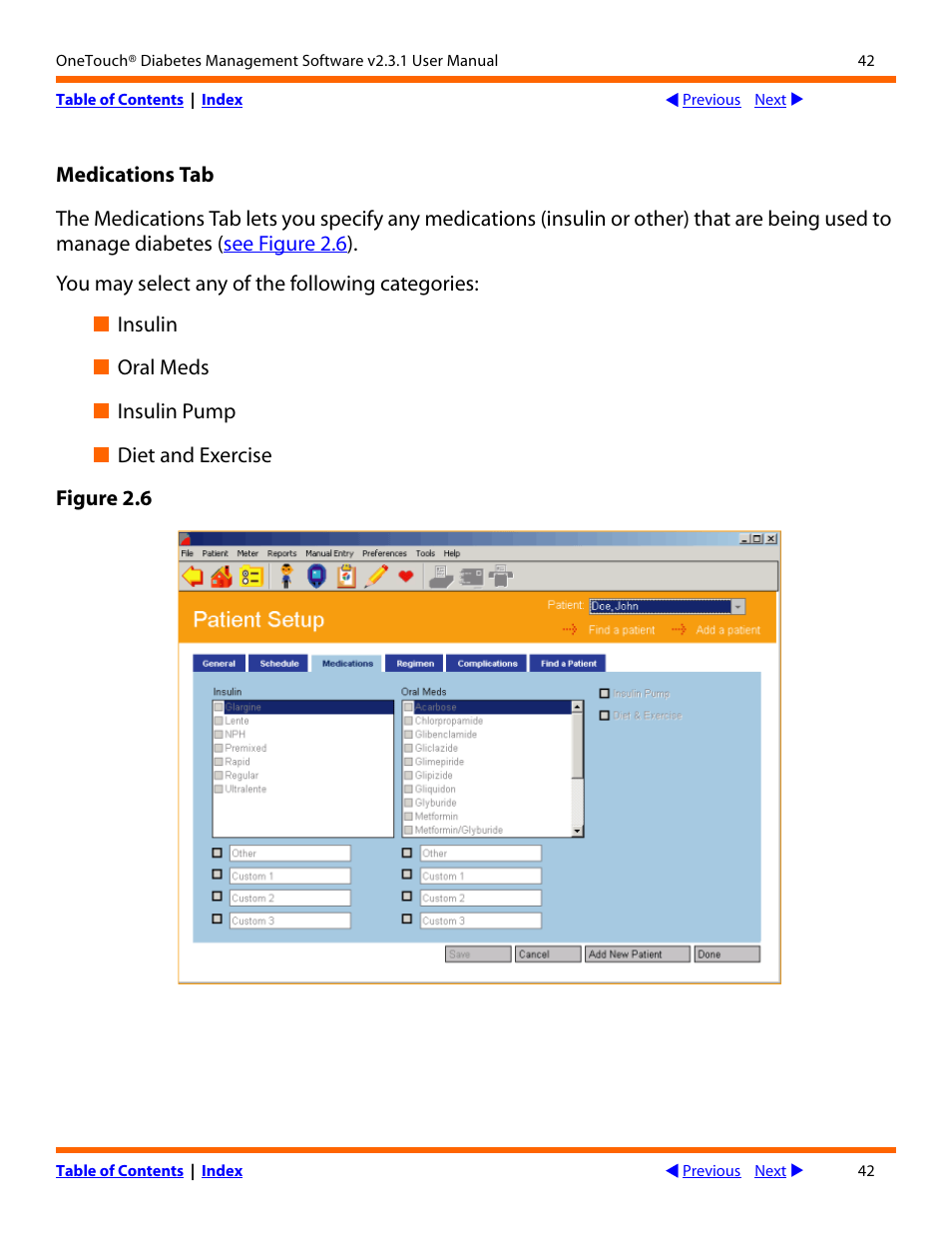 Medications tab | Lifescan OneTouch Diabetes Management Software v2.3.1 User Manual | Page 42 / 173