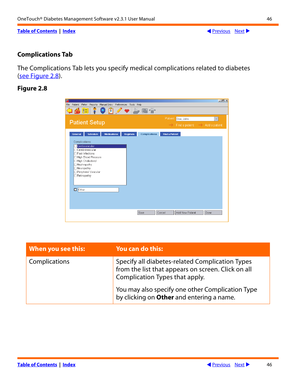 Complications tab | Lifescan OneTouch Diabetes Management Software v2.3.1 User Manual | Page 46 / 173