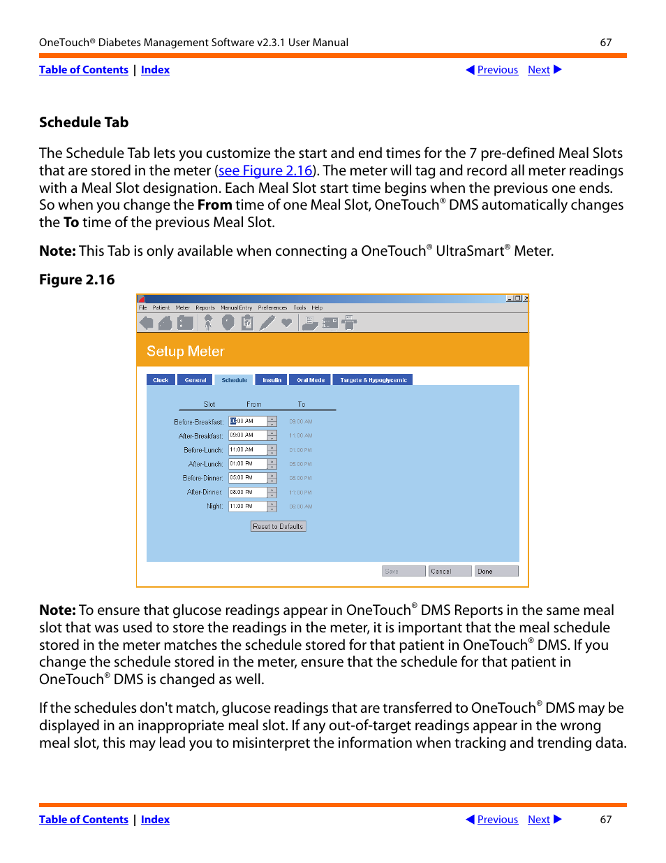 Schedule tab | Lifescan OneTouch Diabetes Management Software v2.3.1 User Manual | Page 67 / 173