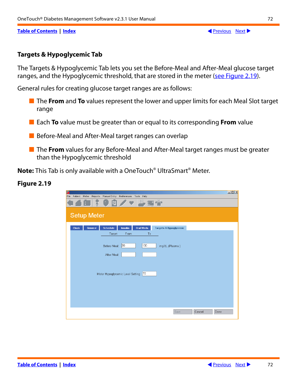 Targets & hypoglycemic tab | Lifescan OneTouch Diabetes Management Software v2.3.1 User Manual | Page 72 / 173