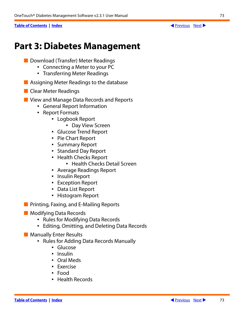 Part 3: diabetes management | Lifescan OneTouch Diabetes Management Software v2.3.1 User Manual | Page 73 / 173