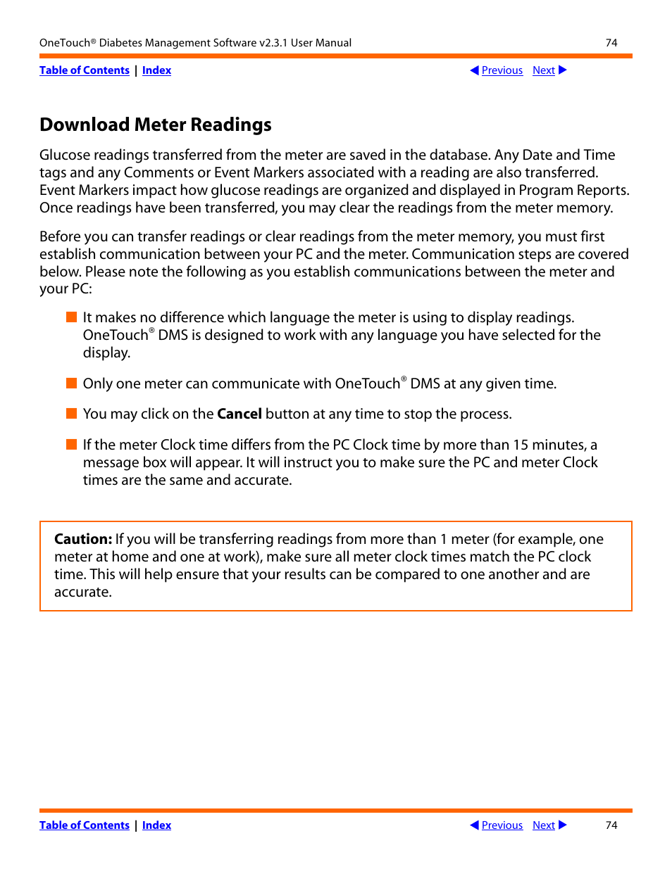 Ownload, Eter, Eadings | Download meter readings | Lifescan OneTouch Diabetes Management Software v2.3.1 User Manual | Page 74 / 173