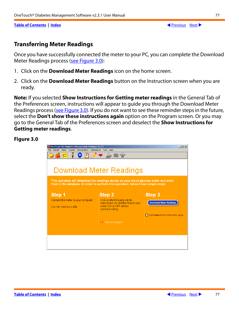 Transferring meter readings | Lifescan OneTouch Diabetes Management Software v2.3.1 User Manual | Page 77 / 173