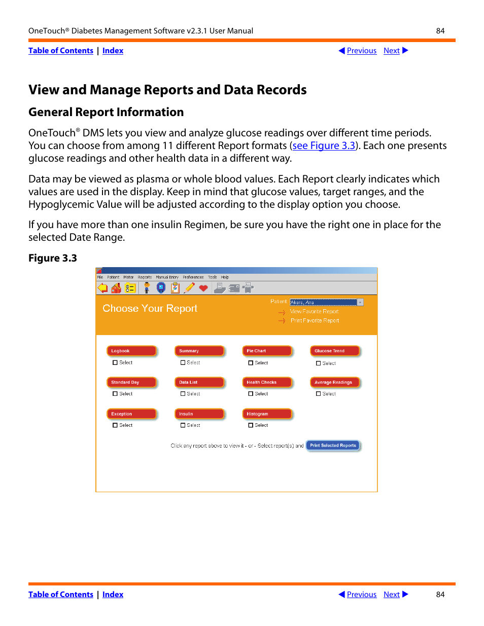 Anage, Eports, Ecords | General report information, View and manage reports and data records | Lifescan OneTouch Diabetes Management Software v2.3.1 User Manual | Page 84 / 173