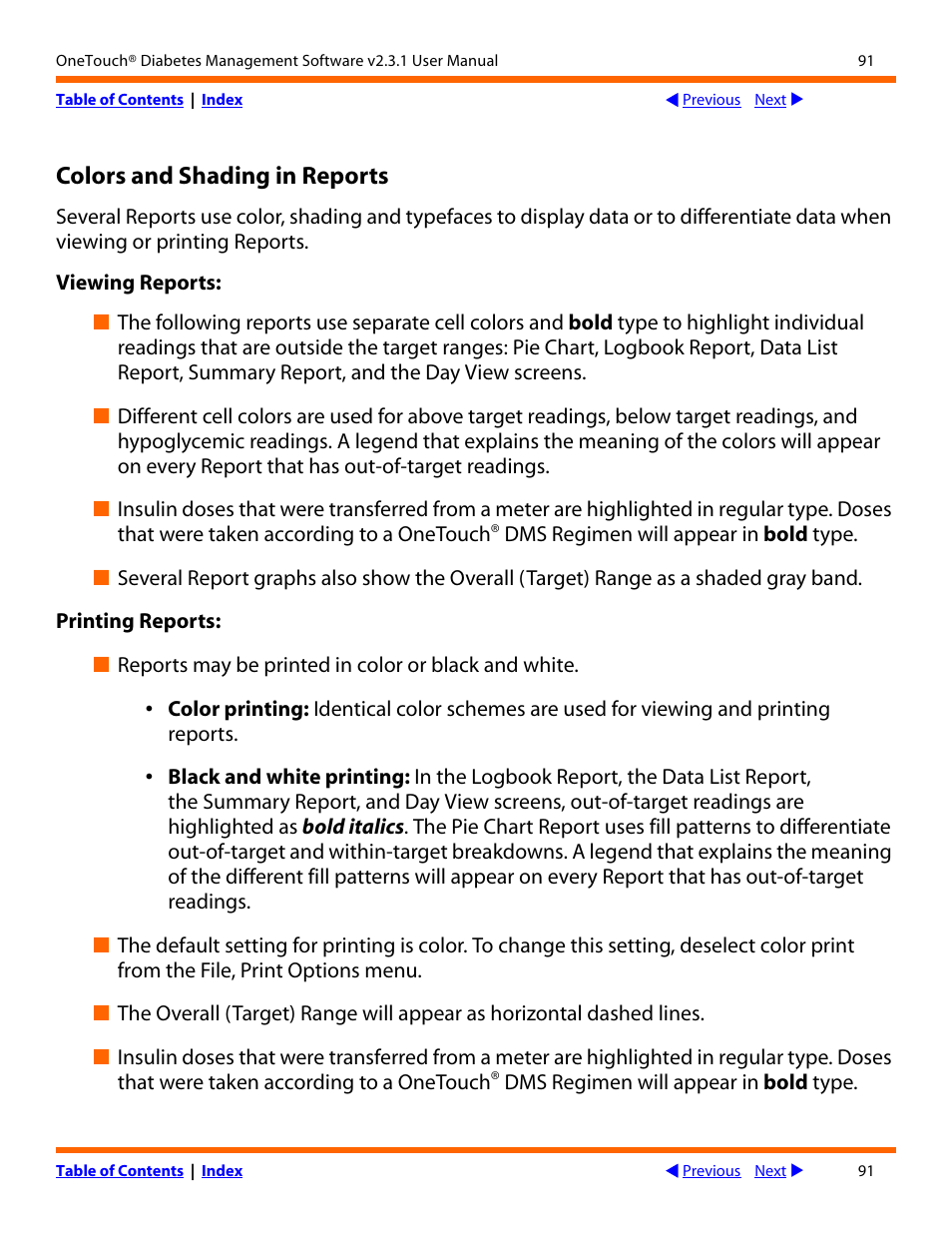 Colors and shading in reports | Lifescan OneTouch Diabetes Management Software v2.3.1 User Manual | Page 91 / 173