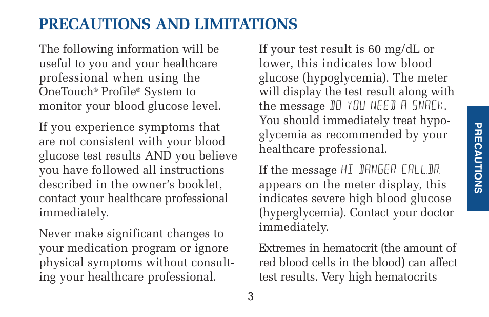 Precautions and limitations | Lifescan Pocket Scan Blood Glucose Monitor System User Manual | Page 10 / 106