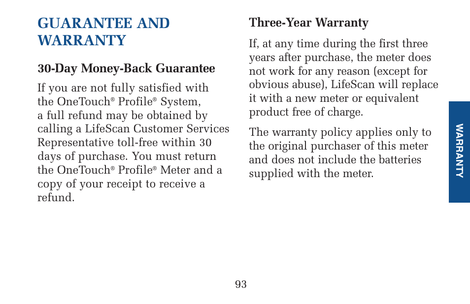 Guarantee and warranty, Day money-back guarantee, Three-year warranty | Lifescan Pocket Scan Blood Glucose Monitor System User Manual | Page 100 / 106