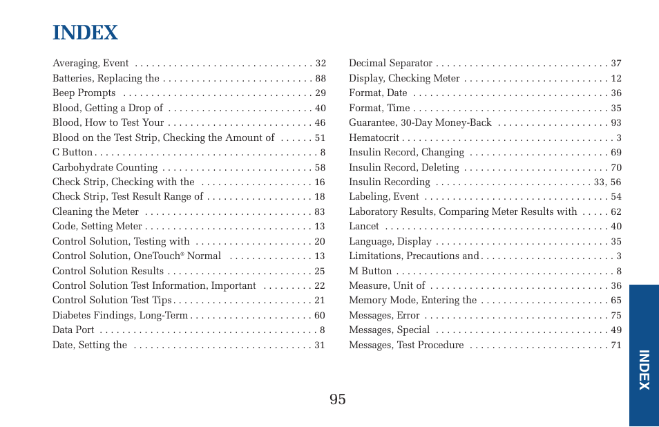 Index | Lifescan Pocket Scan Blood Glucose Monitor System User Manual | Page 102 / 106