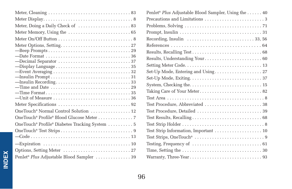 Index | Lifescan Pocket Scan Blood Glucose Monitor System User Manual | Page 103 / 106