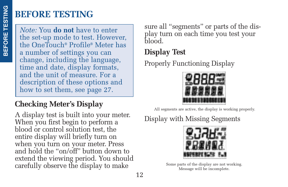 Before testing, Checking meter’s display, Display test | Lifescan Pocket Scan Blood Glucose Monitor System User Manual | Page 19 / 106