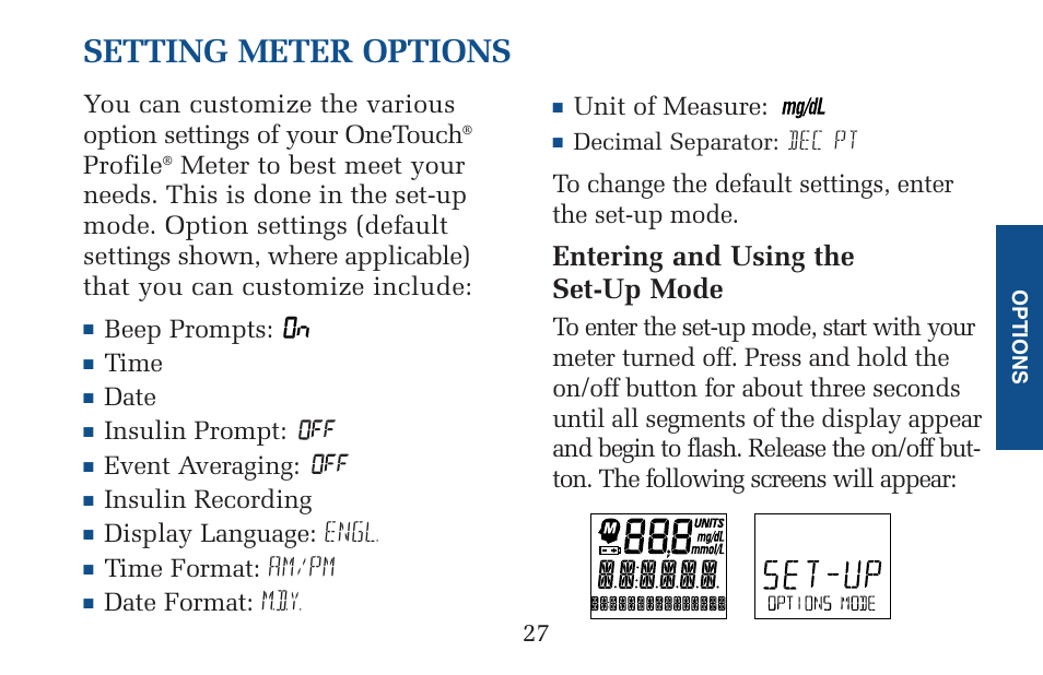 Setting meter options, Entering and using the set-up mode | Lifescan Pocket Scan Blood Glucose Monitor System User Manual | Page 34 / 106