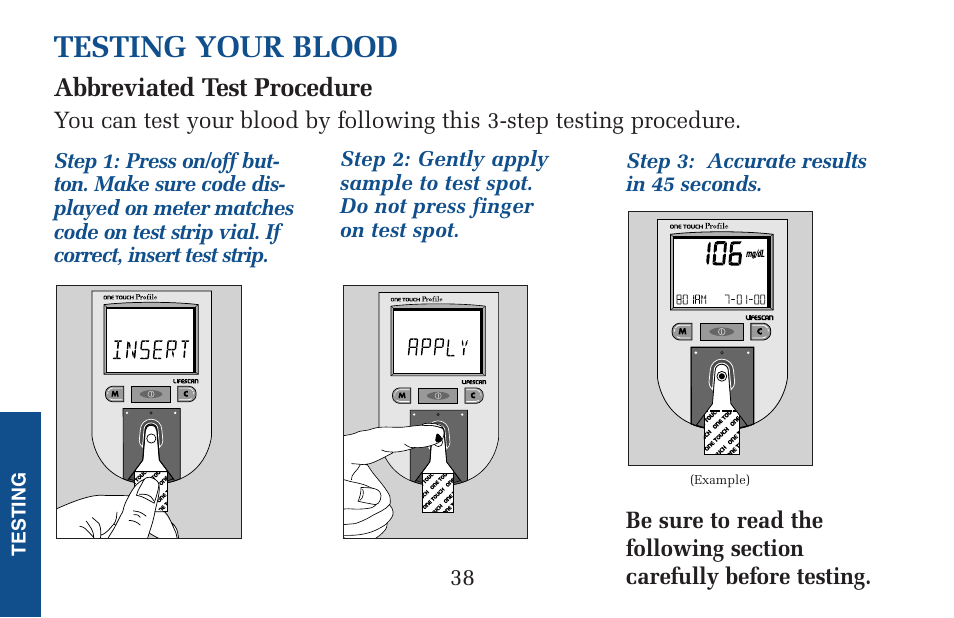 Testing your blood | Lifescan Pocket Scan Blood Glucose Monitor System User Manual | Page 45 / 106