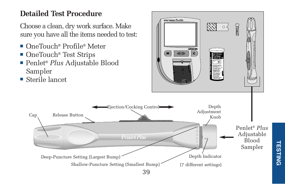 Detailed test procedure, Onetouch, Profile | Meter, Test strips, Penlet, Plus adjustable blood sampler, Sterile lancet | Lifescan Pocket Scan Blood Glucose Monitor System User Manual | Page 46 / 106