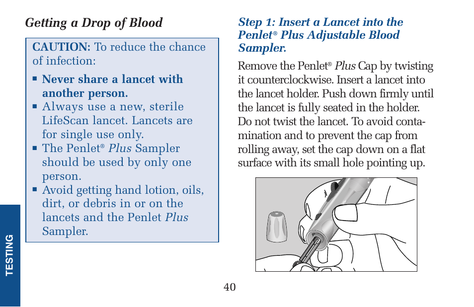 Getting a drop of blood | Lifescan Pocket Scan Blood Glucose Monitor System User Manual | Page 47 / 106