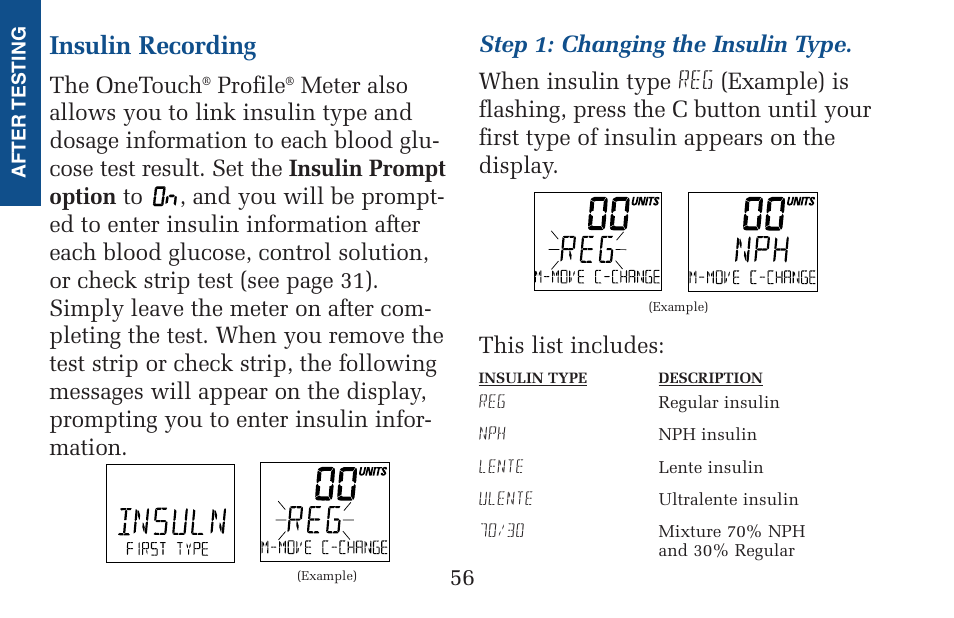 Insulin recording, The onetouch, Profile | Lifescan Pocket Scan Blood Glucose Monitor System User Manual | Page 63 / 106