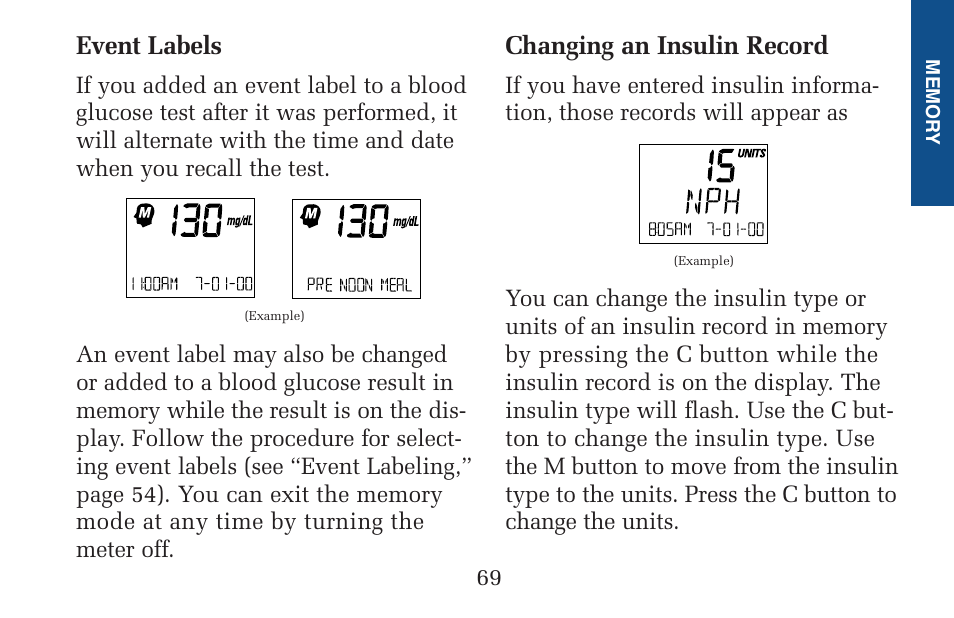 Event labels, Changing an insulin record | Lifescan Pocket Scan Blood Glucose Monitor System User Manual | Page 76 / 106
