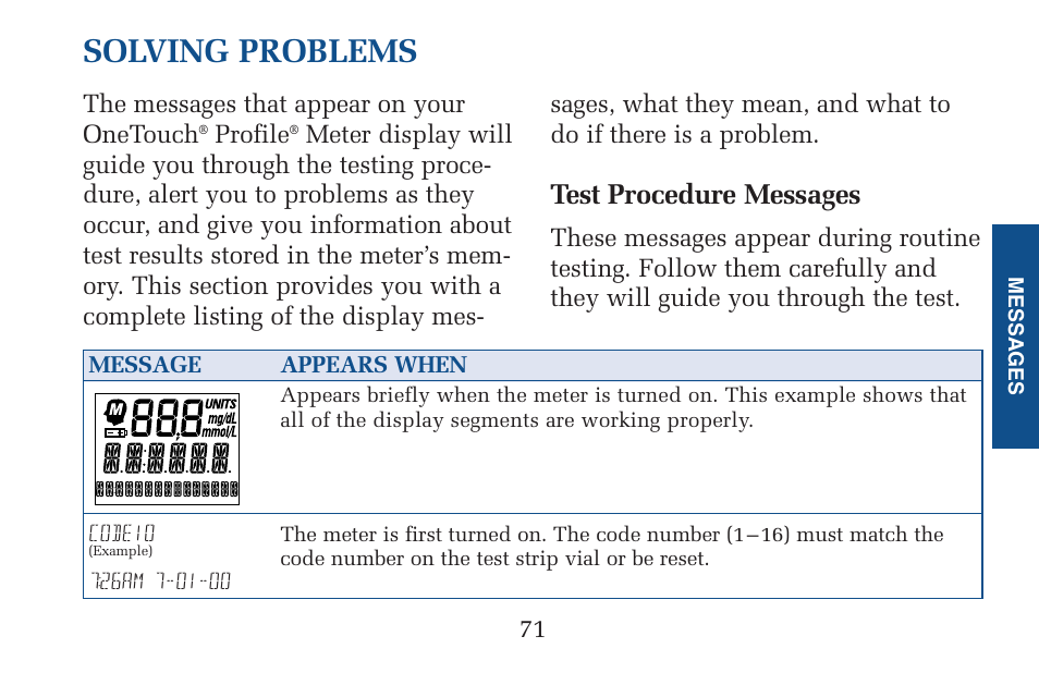 Solving problems, Test procedure messages | Lifescan Pocket Scan Blood Glucose Monitor System User Manual | Page 78 / 106