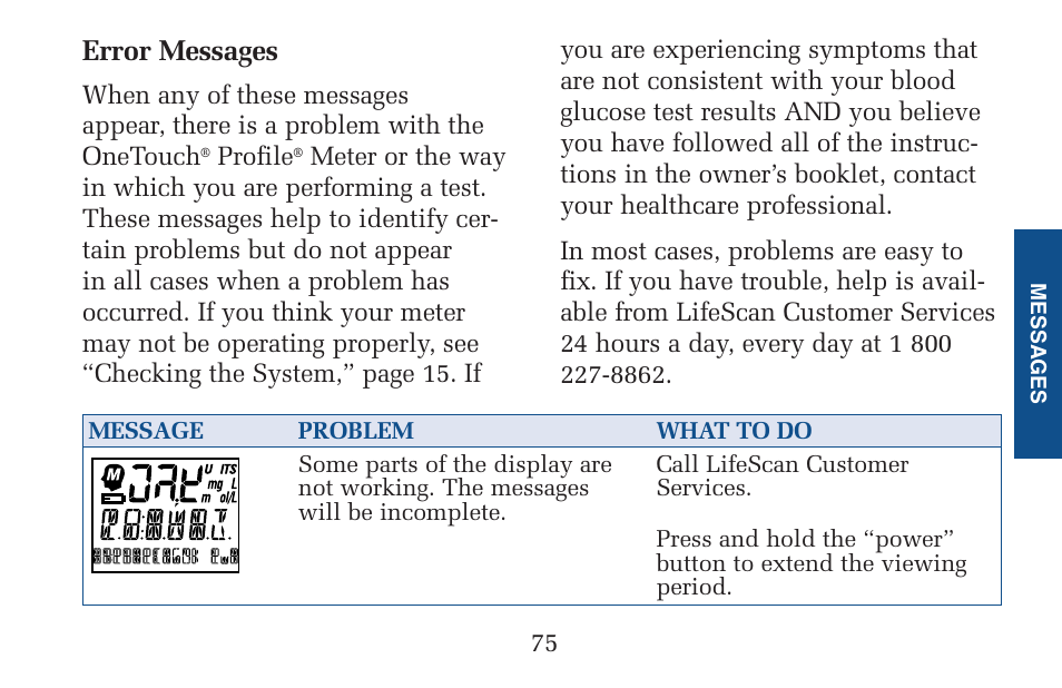 Error messages | Lifescan Pocket Scan Blood Glucose Monitor System User Manual | Page 82 / 106