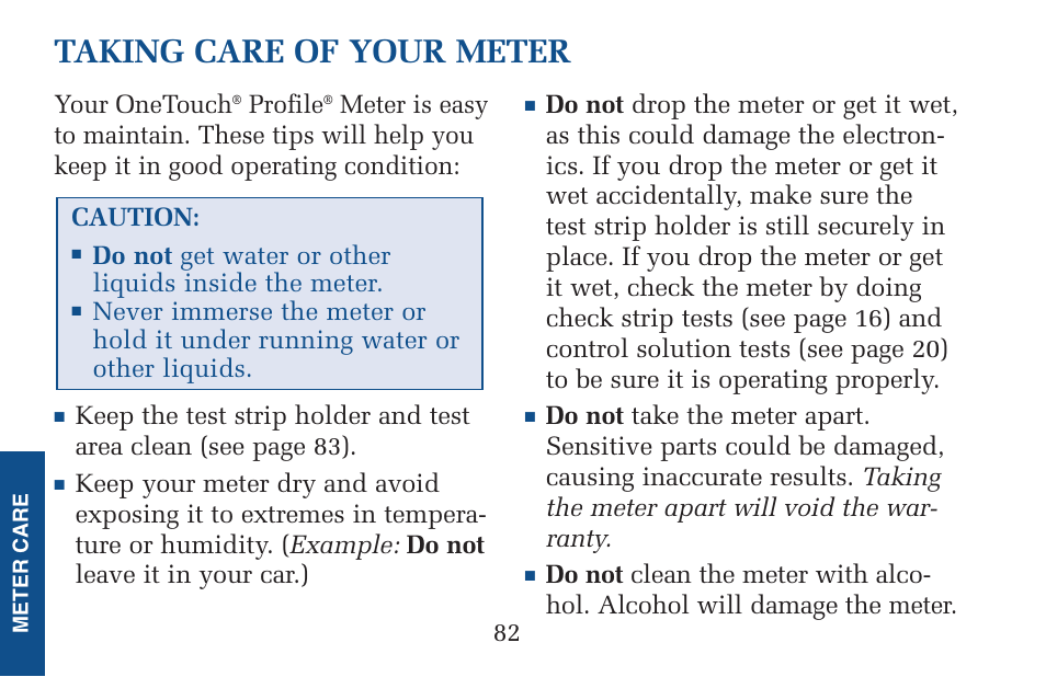 Taking care of your meter | Lifescan Pocket Scan Blood Glucose Monitor System User Manual | Page 89 / 106