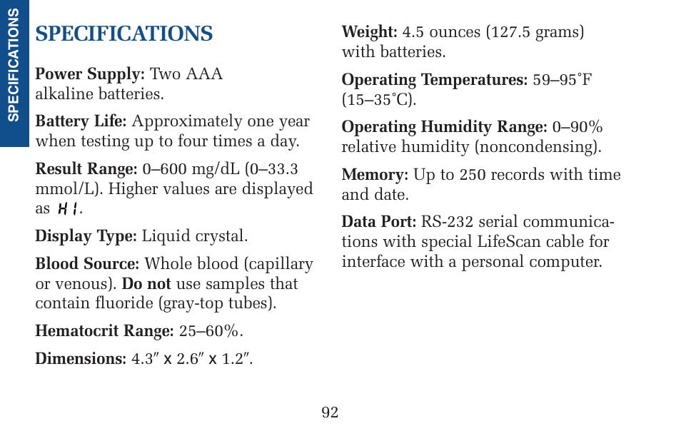 Specifications | Lifescan Pocket Scan Blood Glucose Monitor System User Manual | Page 99 / 106