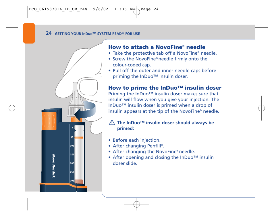 How to attach a novofine, Needle, How to prime the induo™ insulin doser | Lifescan In Duo User Manual | Page 24 / 90