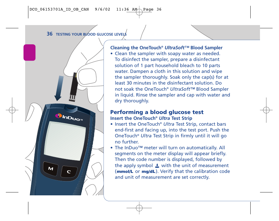 Performing a blood glucose test | Lifescan In Duo User Manual | Page 36 / 90