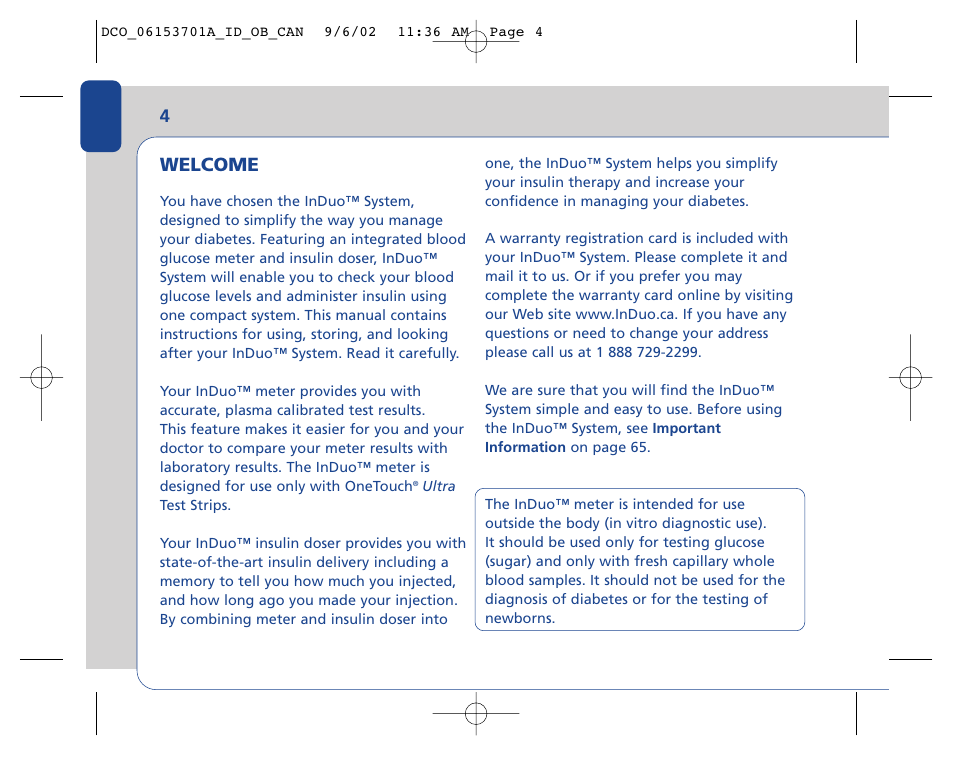 4welcome | Lifescan In Duo User Manual | Page 4 / 90