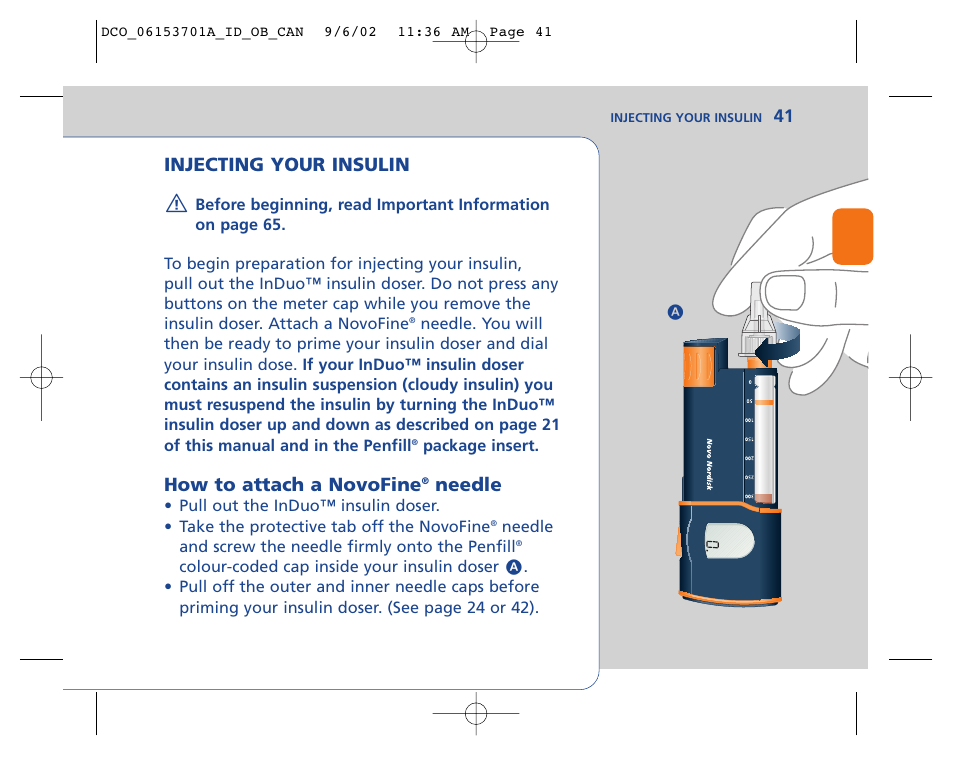 Injecting your insulin, How to attach a novofine, Needle | Lifescan In Duo User Manual | Page 41 / 90