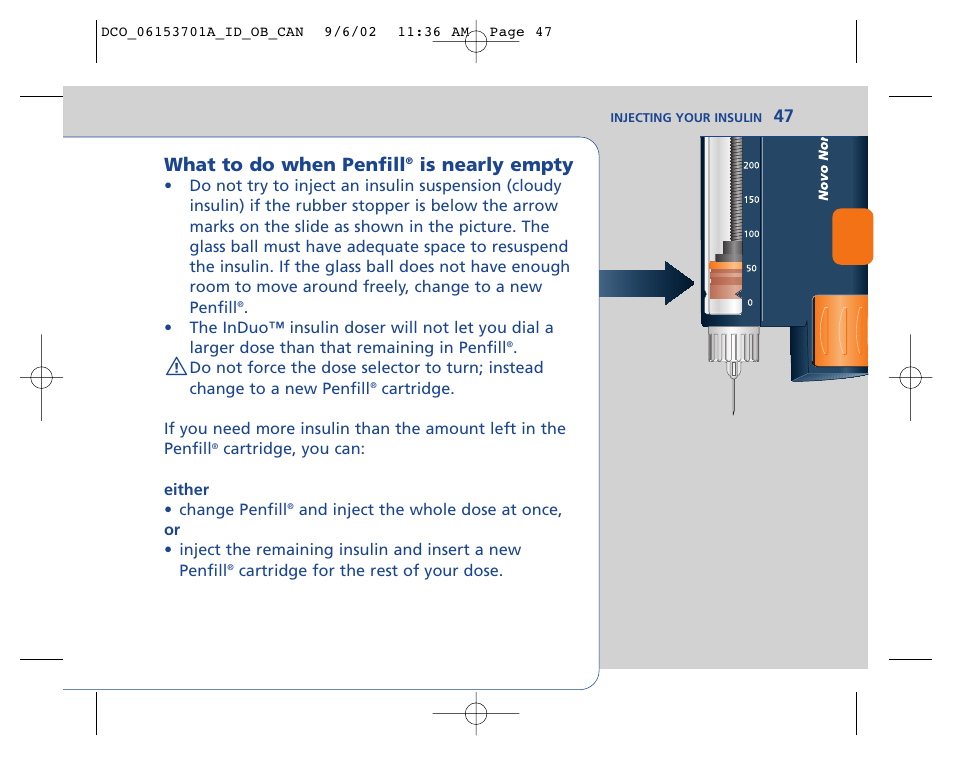 47 what to do when penfill, Is nearly empty | Lifescan In Duo User Manual | Page 47 / 90