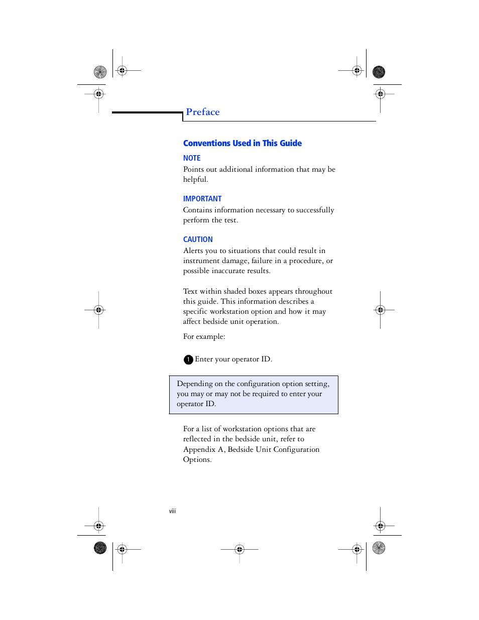Notes* - note, Important* - important, Caution* - caution | Body - for example, Body - enter your operator id, Conventions used in this guide . . . . . . . viii, Preface | Lifescan SureStep Pro User Manual | Page 10 / 117