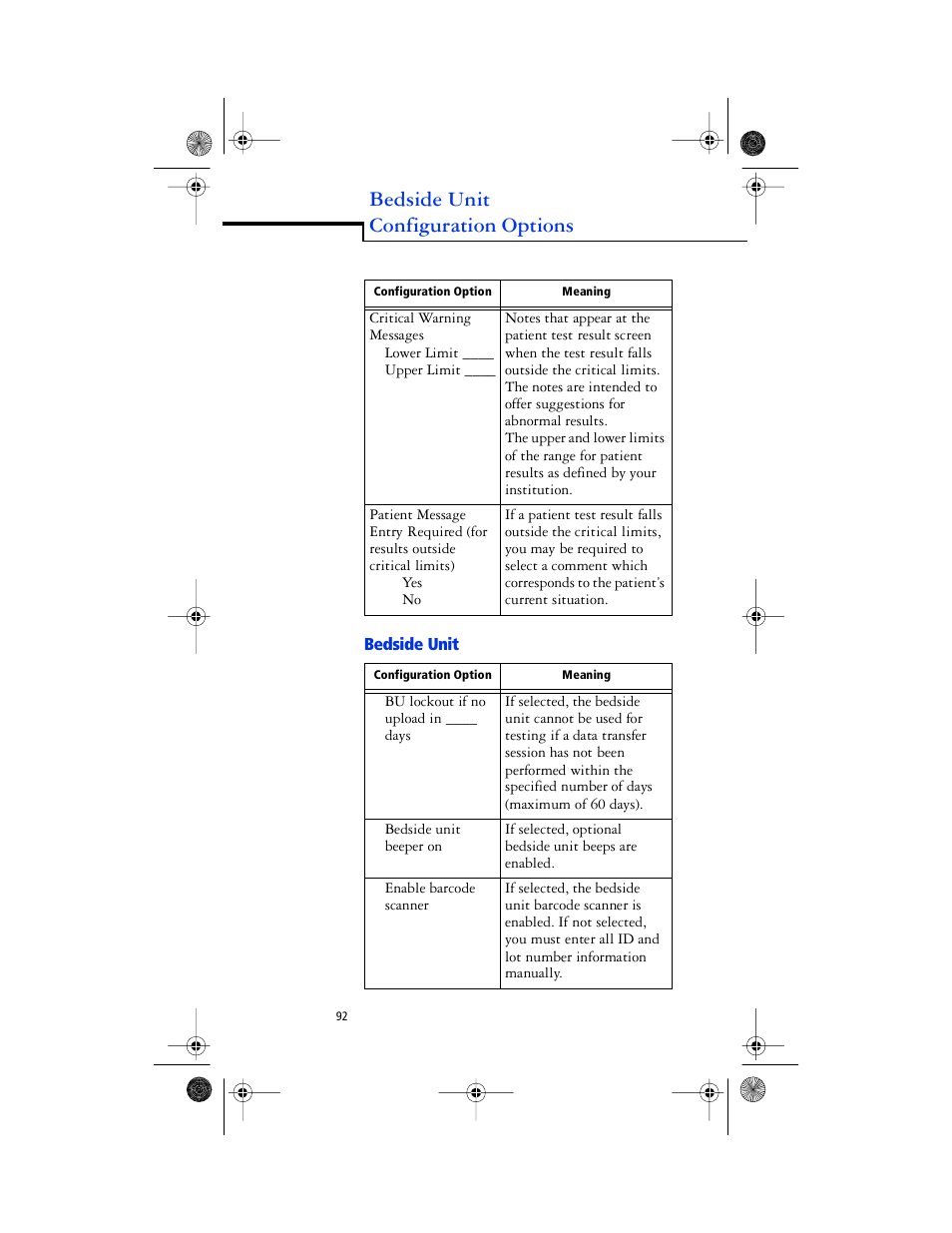 Bedside unit configuration options | Lifescan SureStep Pro User Manual | Page 104 / 117