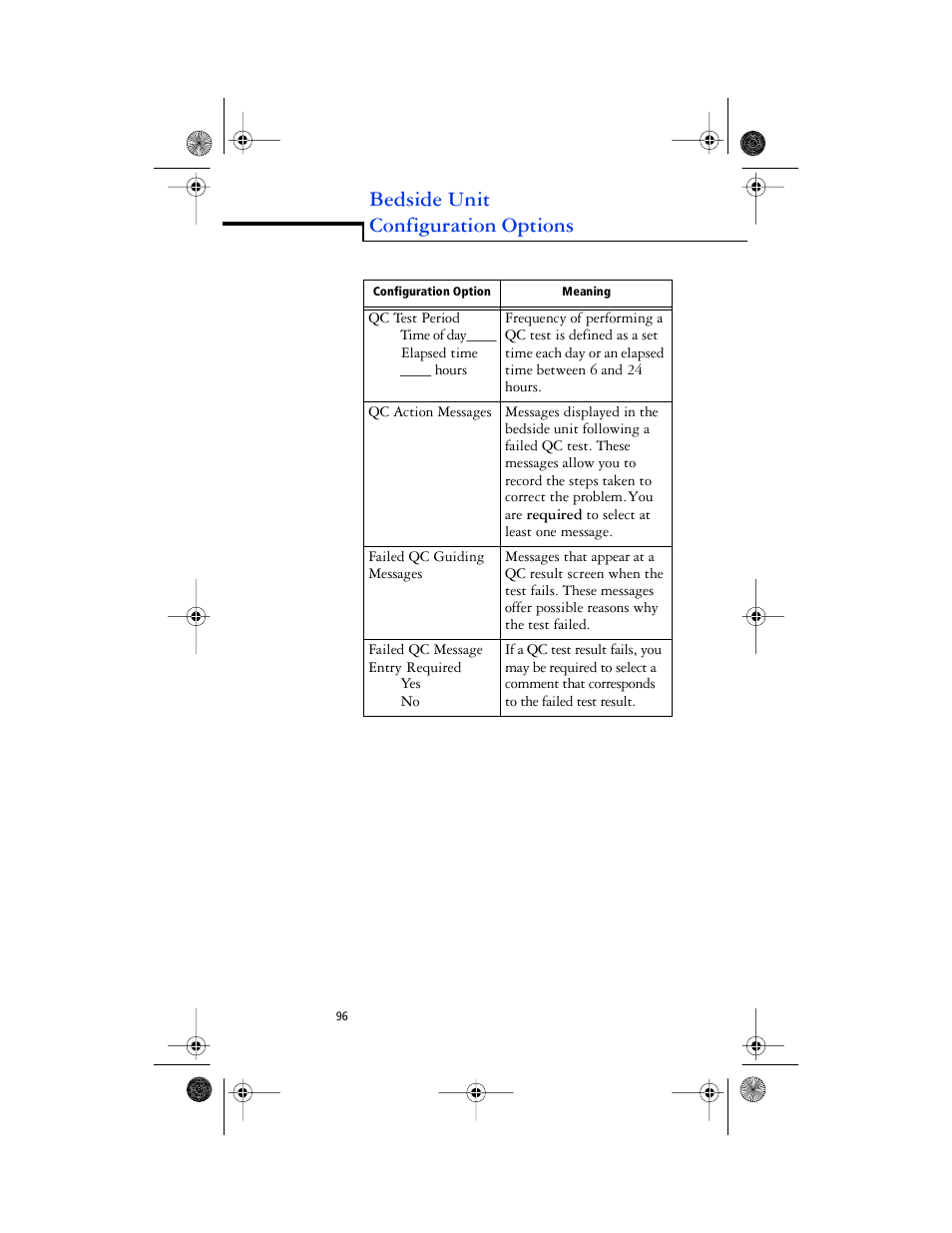 Body, Bedside unit configuration options | Lifescan SureStep Pro User Manual | Page 108 / 117