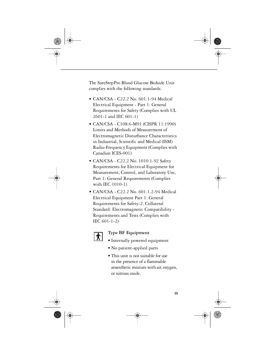 Body - type bf equipment, Body - • internally powered equipment, Body - • no patient-applied parts | Lifescan SureStep Pro User Manual | Page 111 / 117
