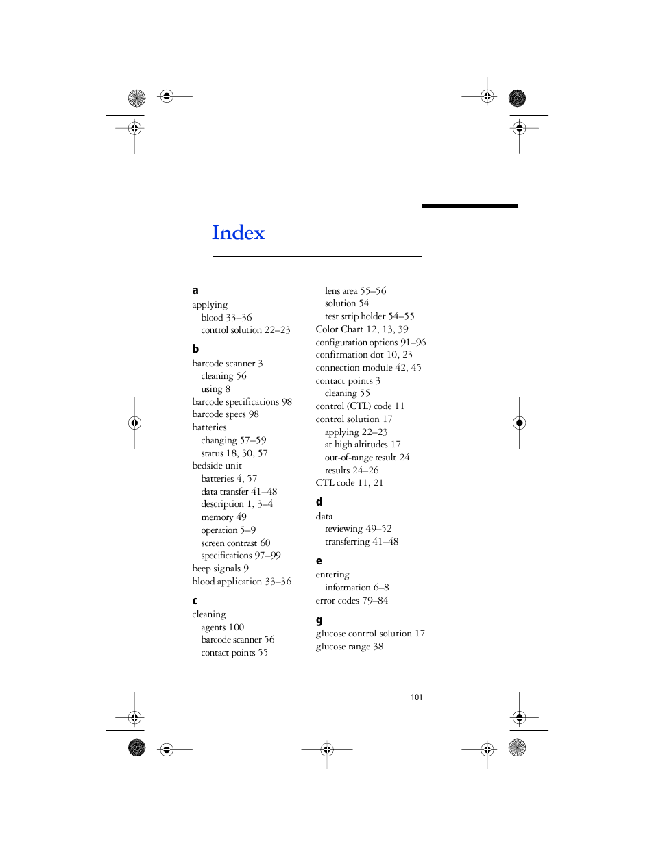 Grouptitlesix - a, Grouptitlesix - b, Grouptitlesix - c | Grouptitlesix - d, Grouptitlesix - e, Grouptitlesix - g, Chapter head - index, Index | Lifescan SureStep Pro User Manual | Page 113 / 117