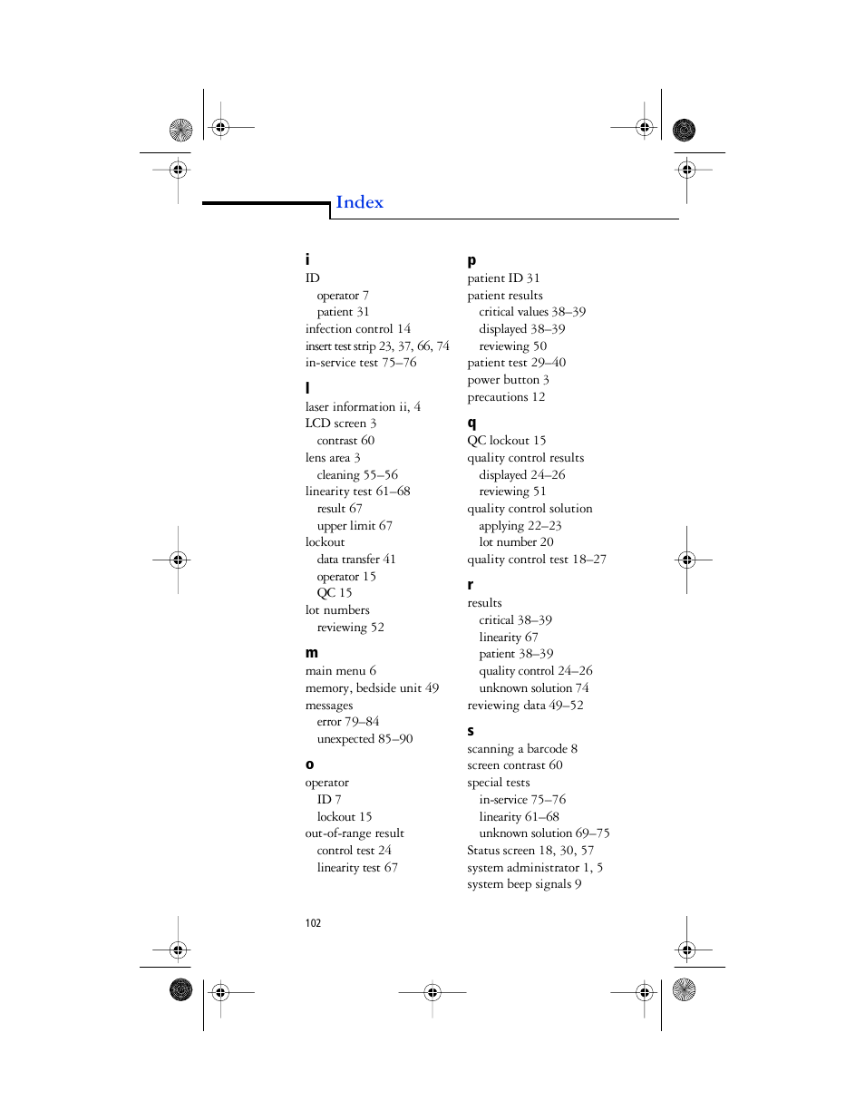 Grouptitlesix - i, Grouptitlesix - l, Grouptitlesix - m | Grouptitlesix - o, Grouptitlesix - p, Grouptitlesix - q, Grouptitlesix - r, Grouptitlesix - s, Index | Lifescan SureStep Pro User Manual | Page 114 / 117