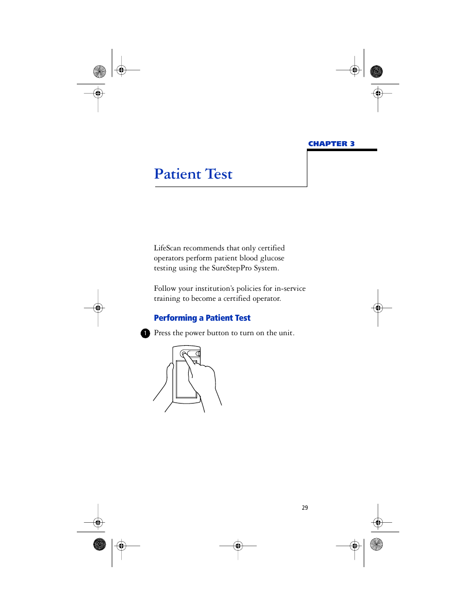 Chapter head - patient test, Performing a patient test, Patient test | Lifescan SureStep Pro User Manual | Page 41 / 117