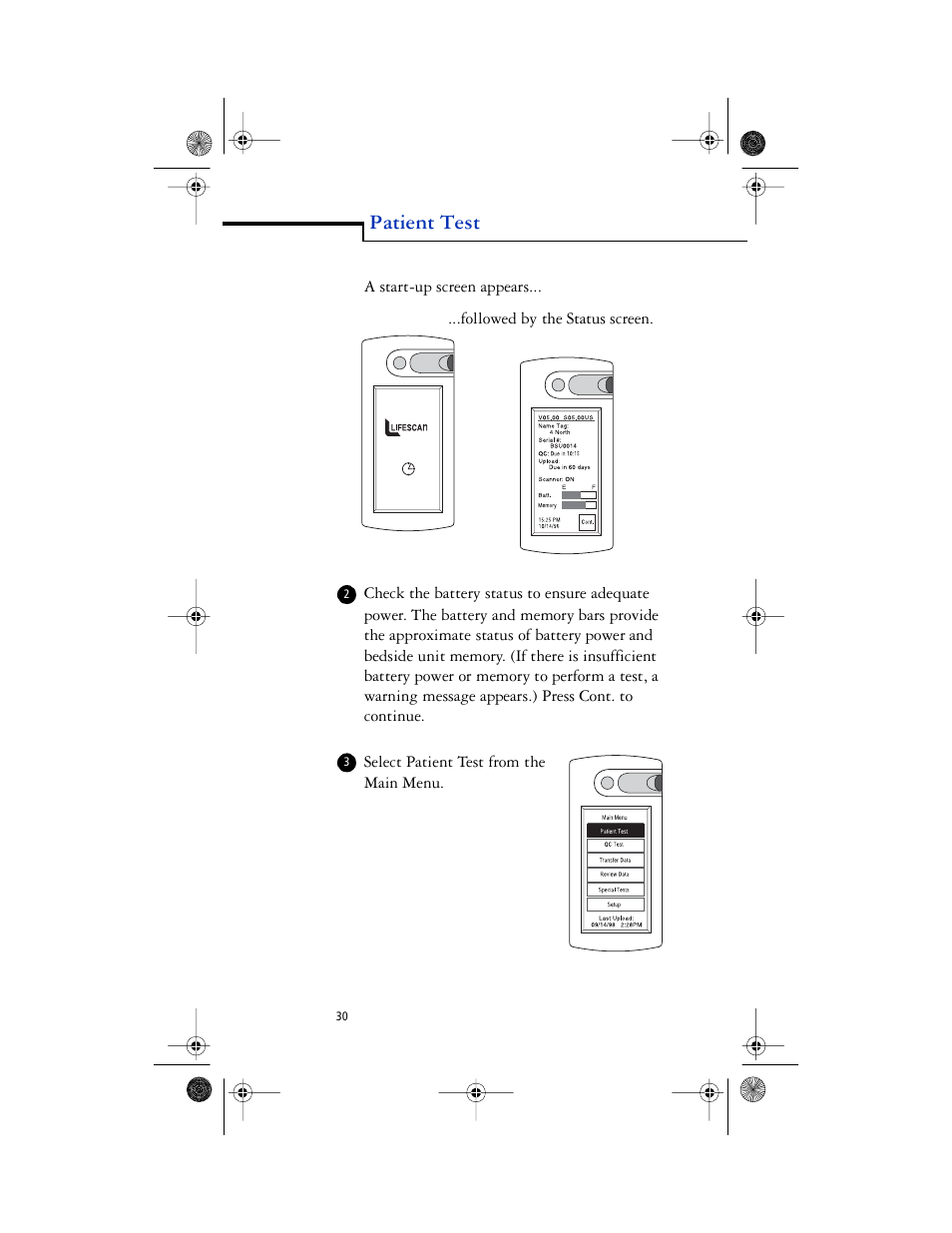 Body - a start-up screen appears, Body - ...followed by the status screen, Patient test | Lifescan SureStep Pro User Manual | Page 42 / 117
