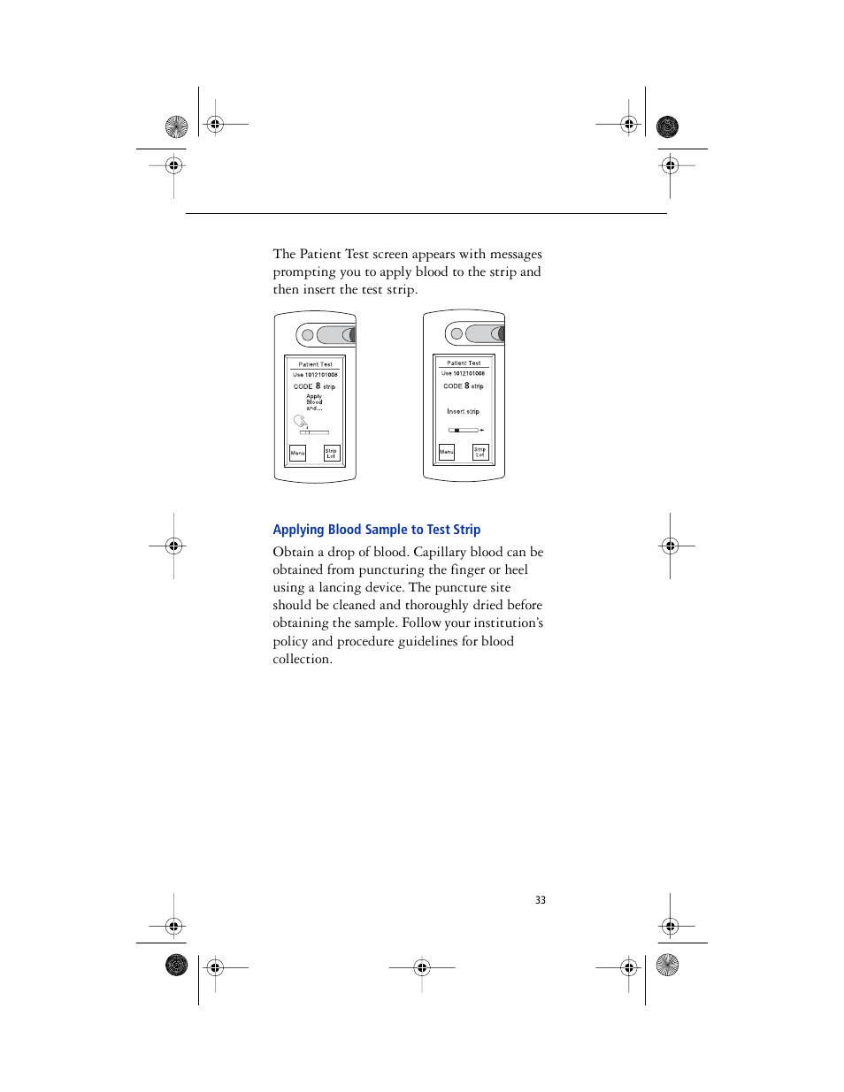 Head 2 - applying blood sample to test strip, Applying blood sample to test strip | Lifescan SureStep Pro User Manual | Page 45 / 117