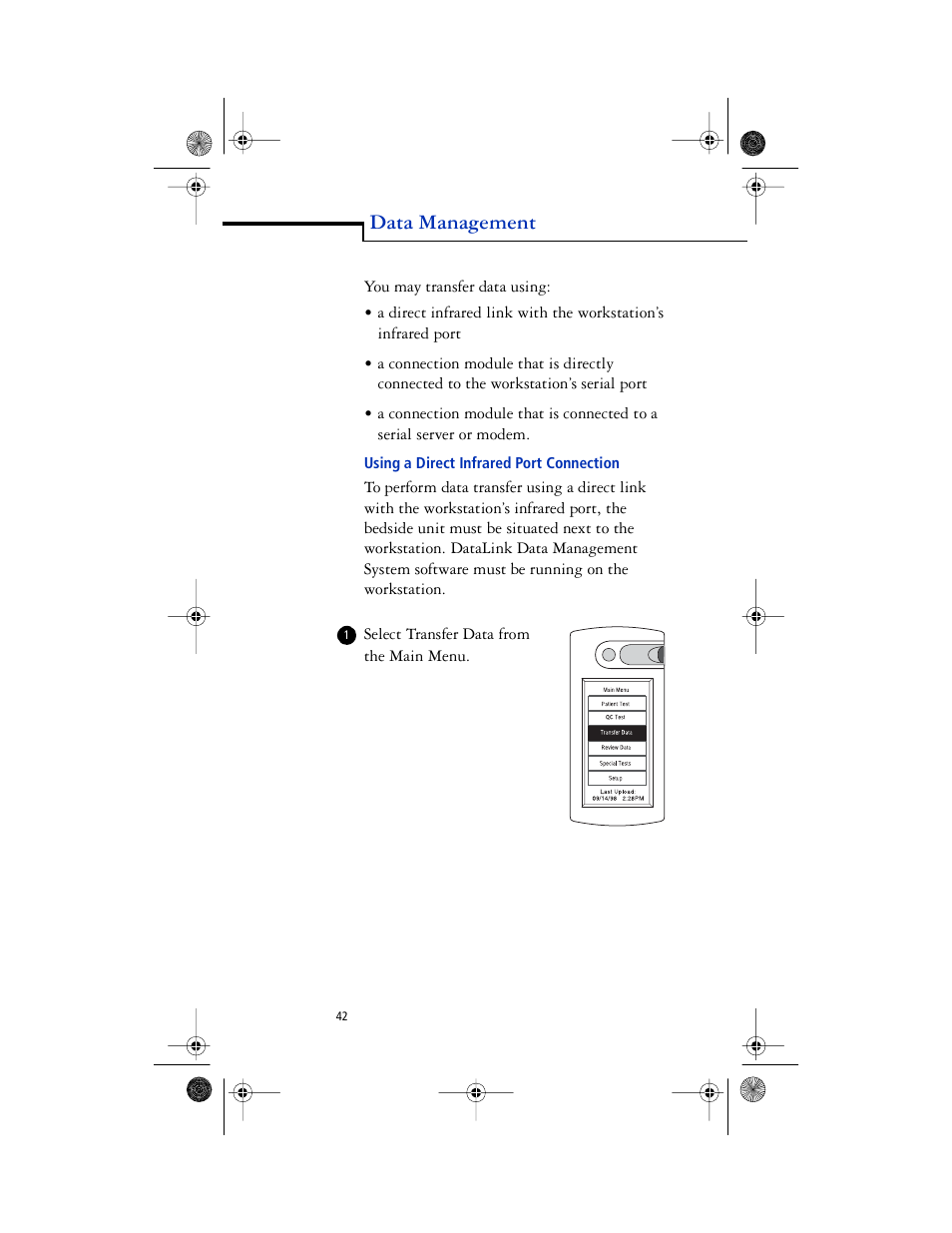 Body - you may transfer data using, Head 2 - using a direct infrared port connection, Using a direct infrared port connection 42 | Data management | Lifescan SureStep Pro User Manual | Page 54 / 117