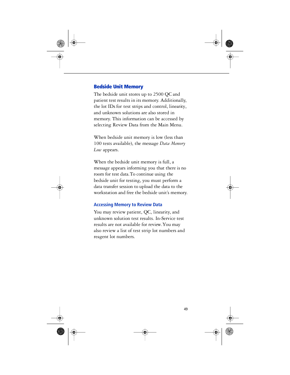 Head 2 - accessing memory to review data, Bedside unit memory, Accessing memory to review data | Lifescan SureStep Pro User Manual | Page 61 / 117
