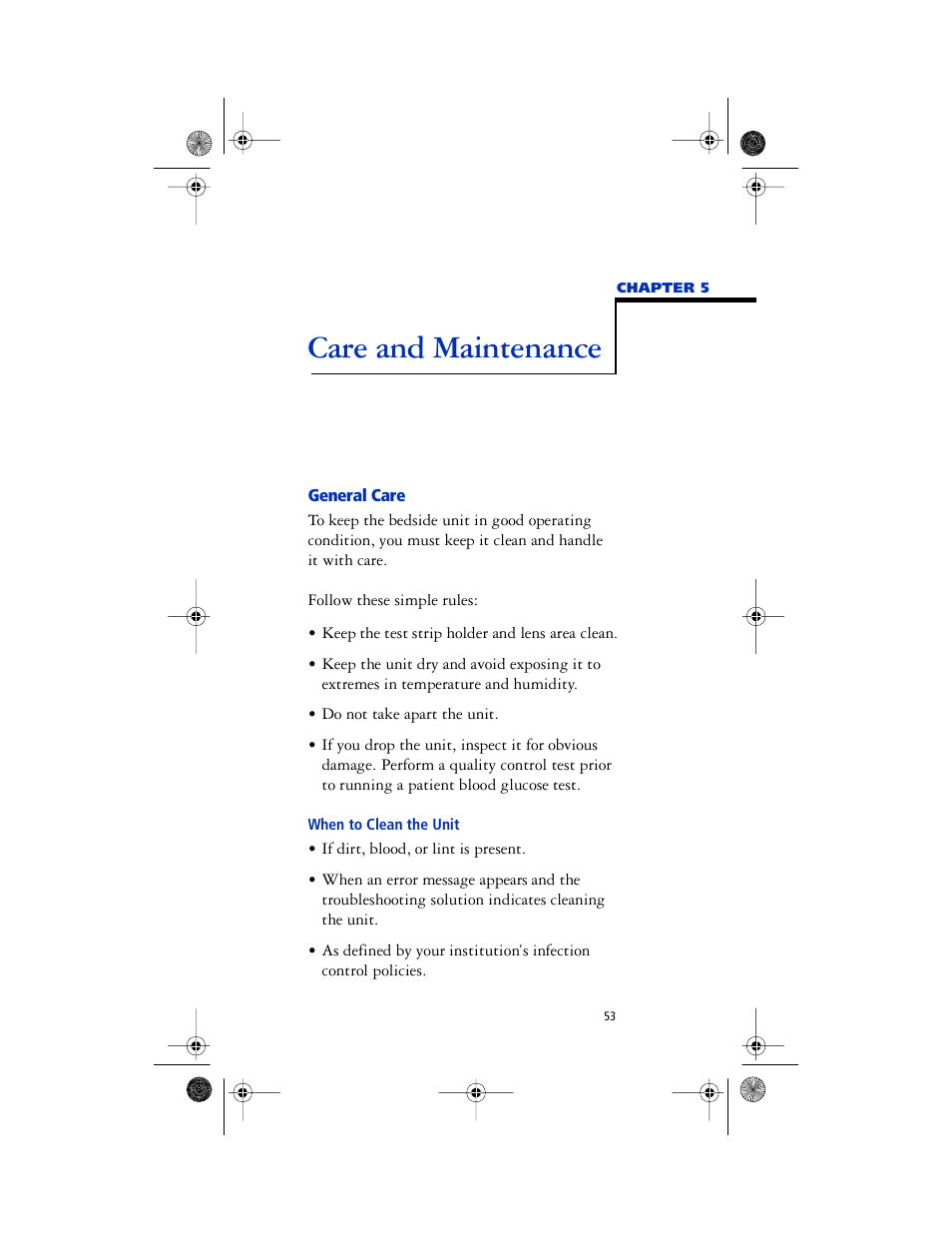 Chapter head - care and maintenance, Body - follow these simple rules, Head 2 - when to clean the unit | General care, When to clean the unit, Care and maintenance | Lifescan SureStep Pro User Manual | Page 65 / 117