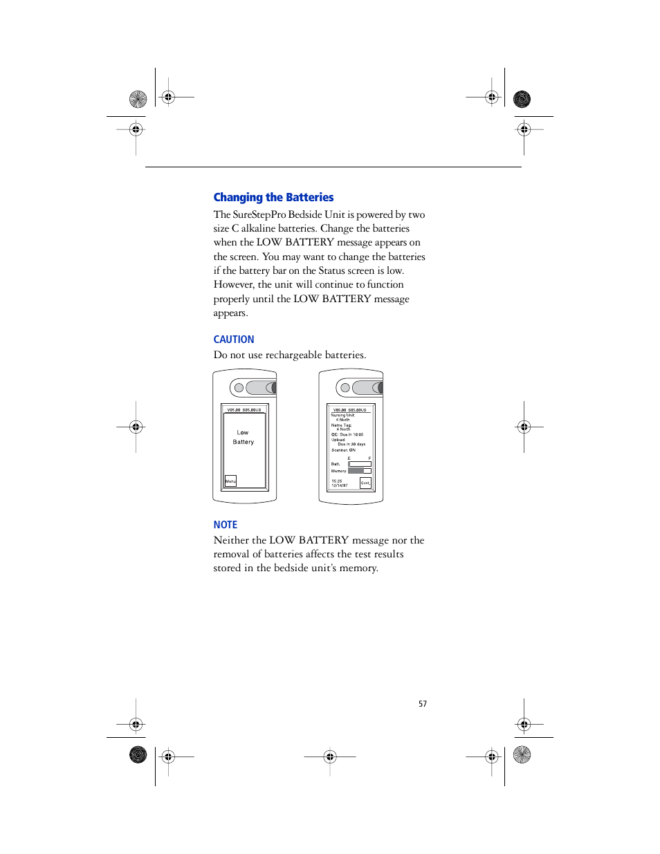 Caution* - caution, Body - do not use rechargeable batteries, Notes* - note | Changing the batteries | Lifescan SureStep Pro User Manual | Page 69 / 117