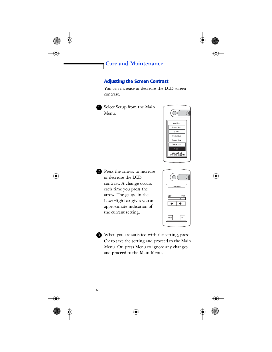 Adjusting the screen contrast, Care and maintenance | Lifescan SureStep Pro User Manual | Page 72 / 117