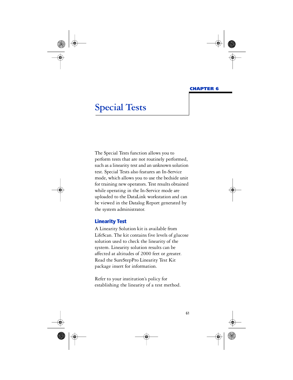 Chapter head - special tests, Linearity test, Special tests | Lifescan SureStep Pro User Manual | Page 73 / 117