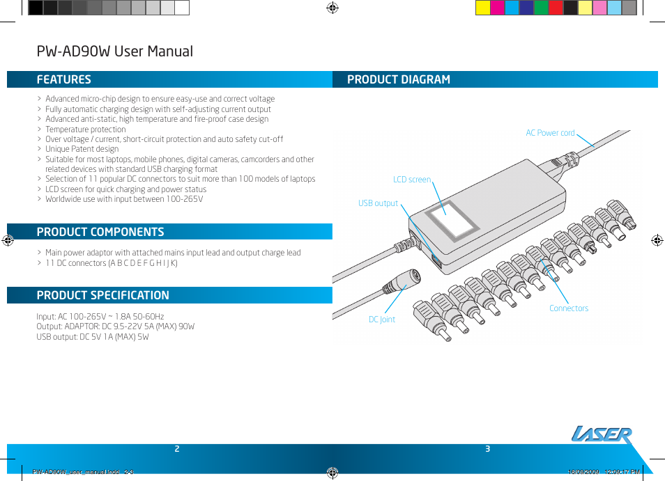Pw-ad90w user manual, Features, Product components | Product specification, Product diagram | Laser PW-AD90W User Manual | Page 2 / 5