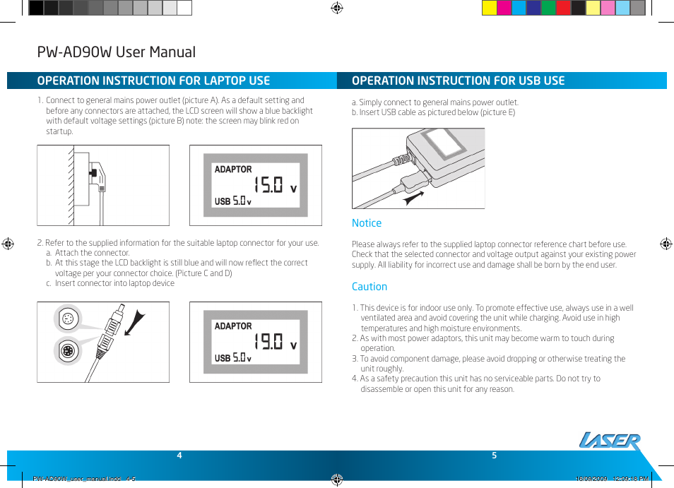 Pw-ad90w user manual, Operation instruction for laptop use, Operation instruction for usb use | Laser PW-AD90W User Manual | Page 3 / 5