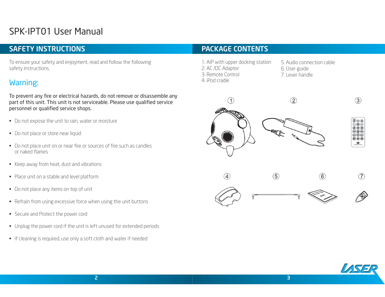 Spk-ipt01 user manual, Warning, Safety instructions | Package contents | Laser iRange SPK-IPT01 User Manual | Page 2 / 5