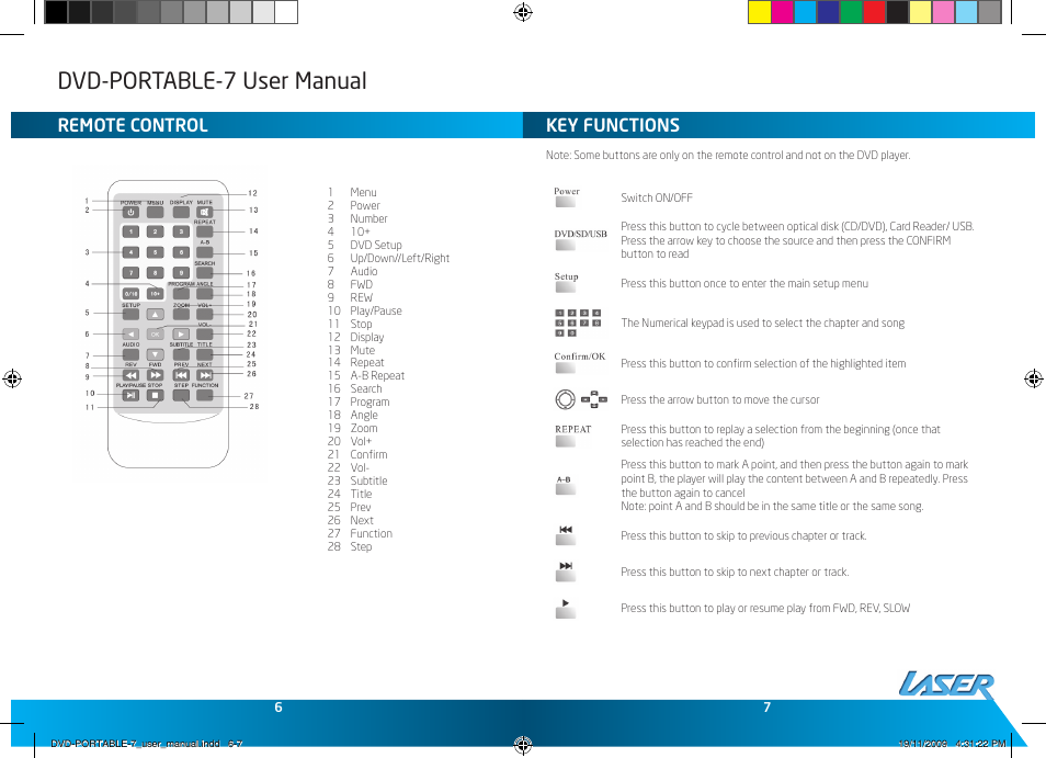 Dvd-portable-7 user manual, Remote control, Key functions | Laser DVD-PORTABLE-7 User Manual | Page 4 / 9