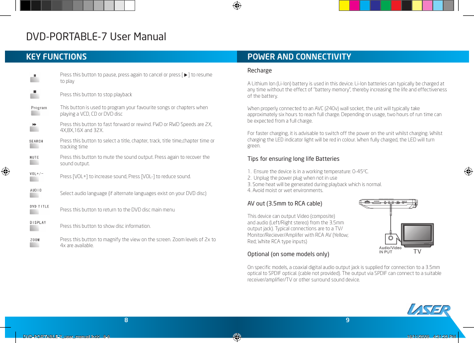 Dvd-portable-7 user manual, Power and connectivity, Key functions | Laser DVD-PORTABLE-7 User Manual | Page 5 / 9