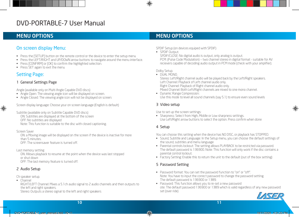 Dvd-portable-7 user manual, Menu options, On screen display menu | Setting page | Laser DVD-PORTABLE-7 User Manual | Page 6 / 9